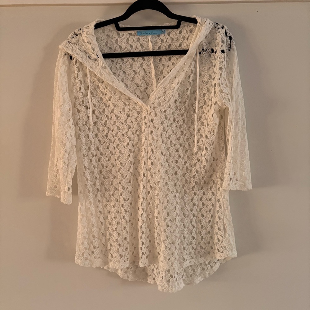 Solitaire Sweim Crochet Hooded Cover-Up Sweater in Ivory